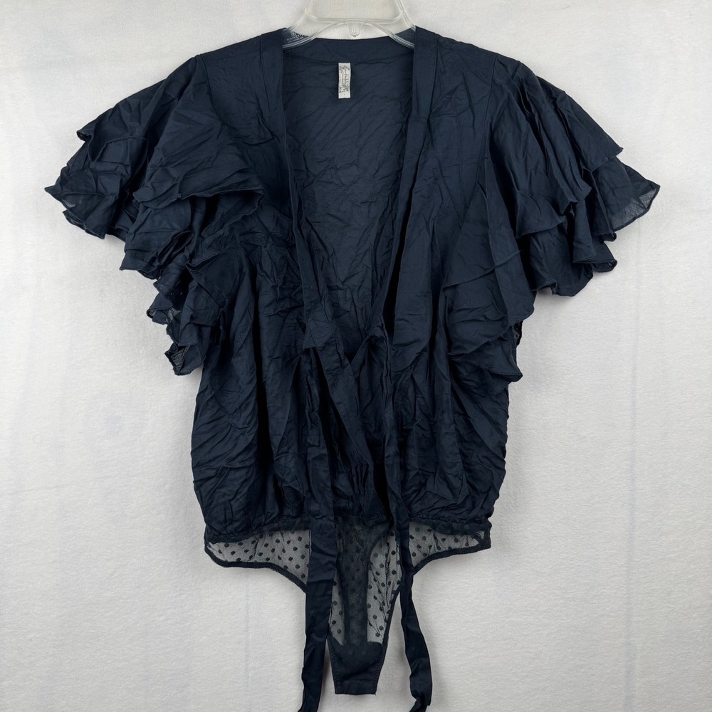 Free People Intimately Bodysuit Black Ruffle Sleeve Sheer Polka Dot Tie Back M